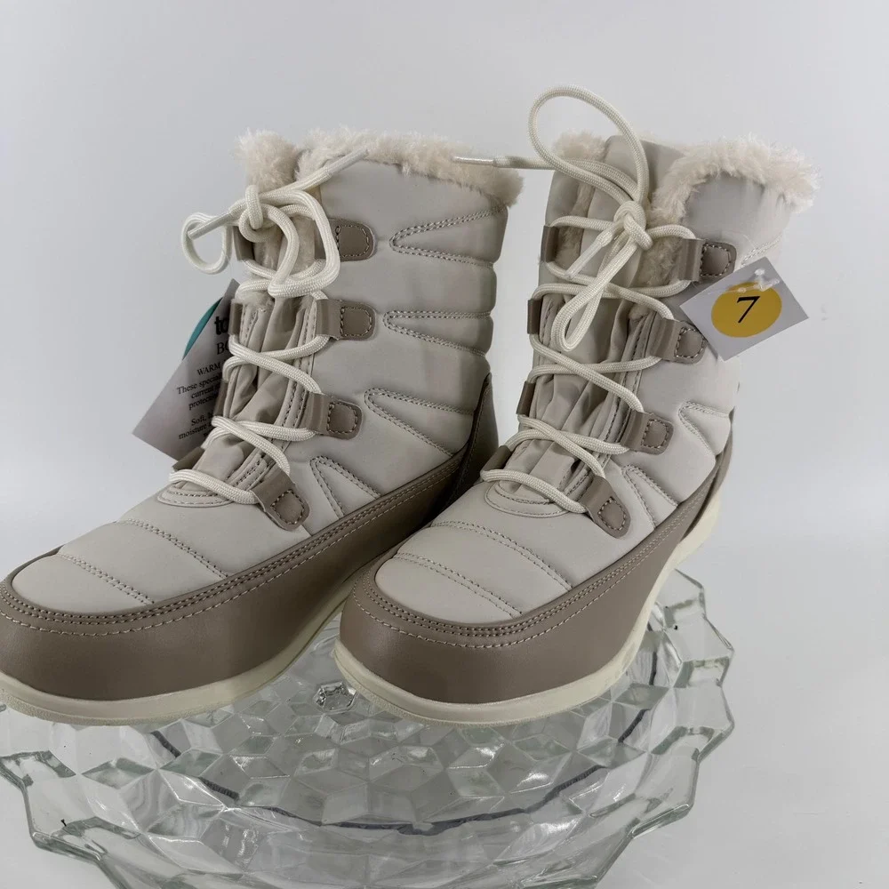 Totes Waterproof Insulated Winter Sno Boot Women Size 7 Cream Tan Faux Fur Lined